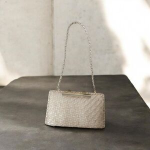 Vintage Hong Kong Cream Wicker Clutch with Gold Tone Accents and Chain 9.5x6x2.5